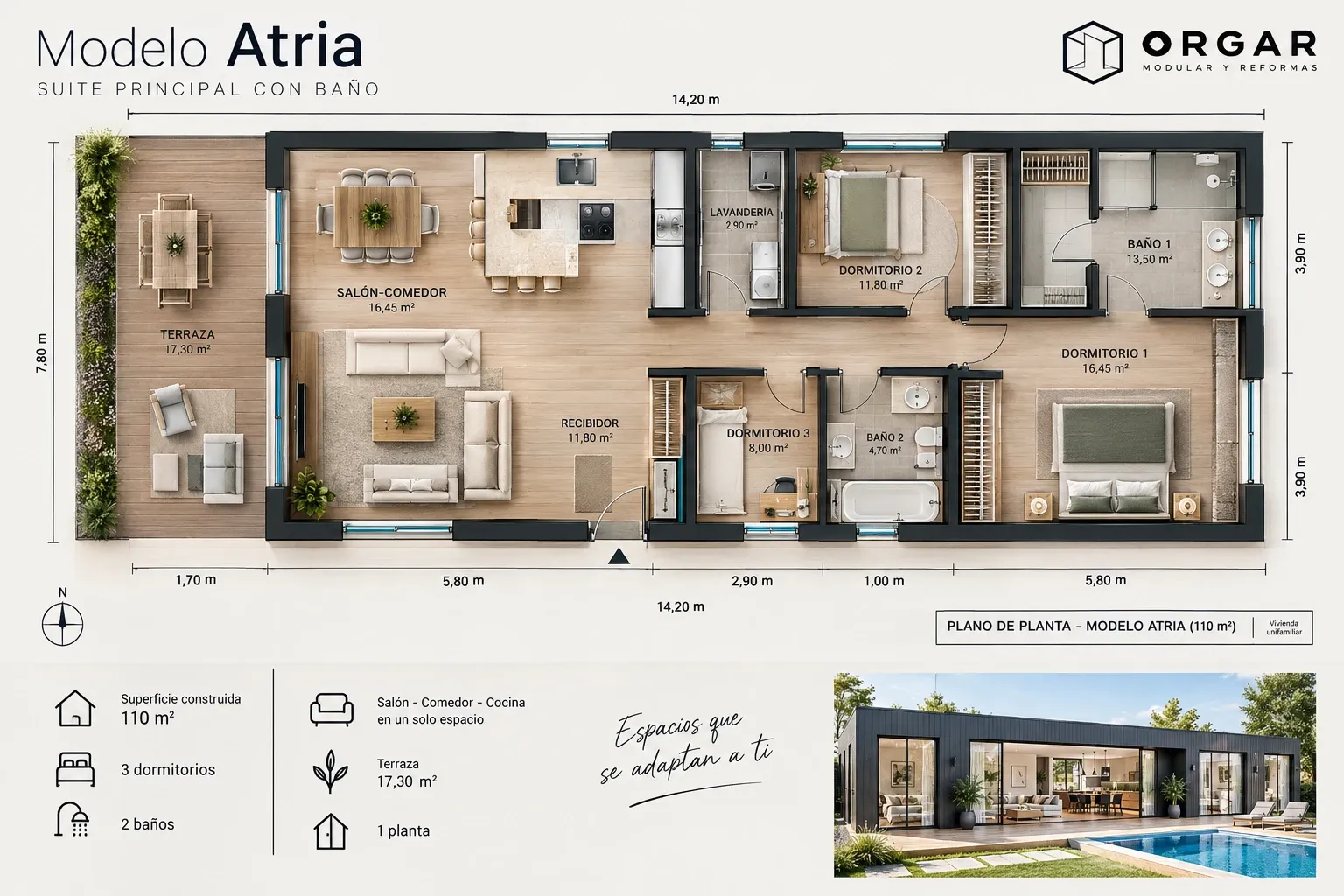 Plano de planta del modelo Atria, de una planta y 110 m²