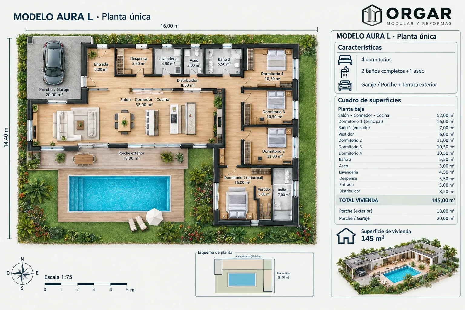 Plano de planta del modelo Aura L, en forma de L, con 145 m² de vivienda