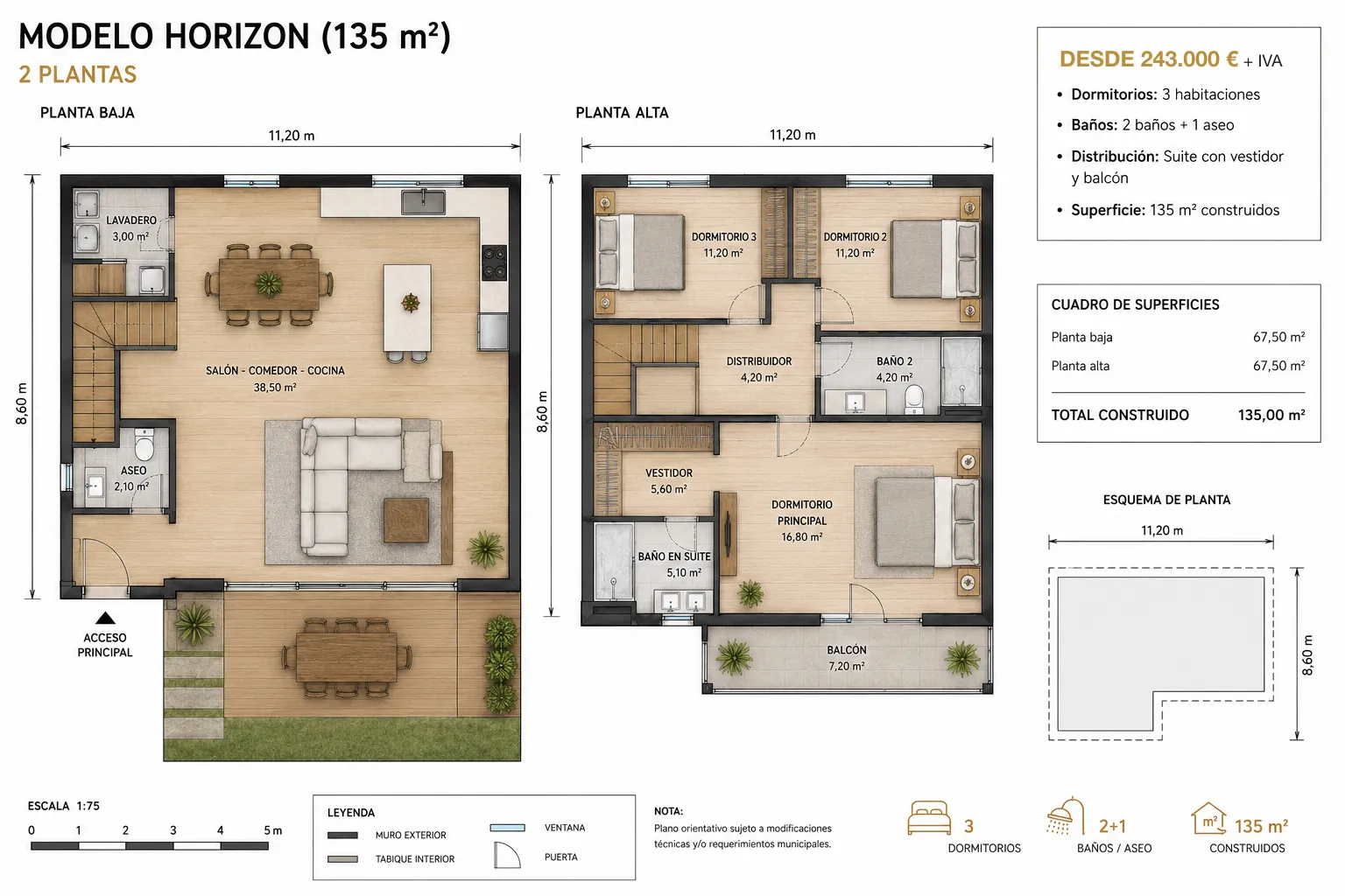 Planos de planta baja y alta del modelo Horizon, de 135 m²