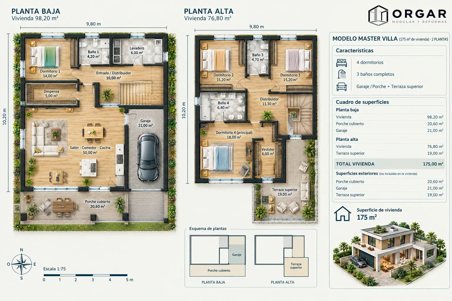 Planos de planta baja y alta del modelo Master Villa, de 175 m²