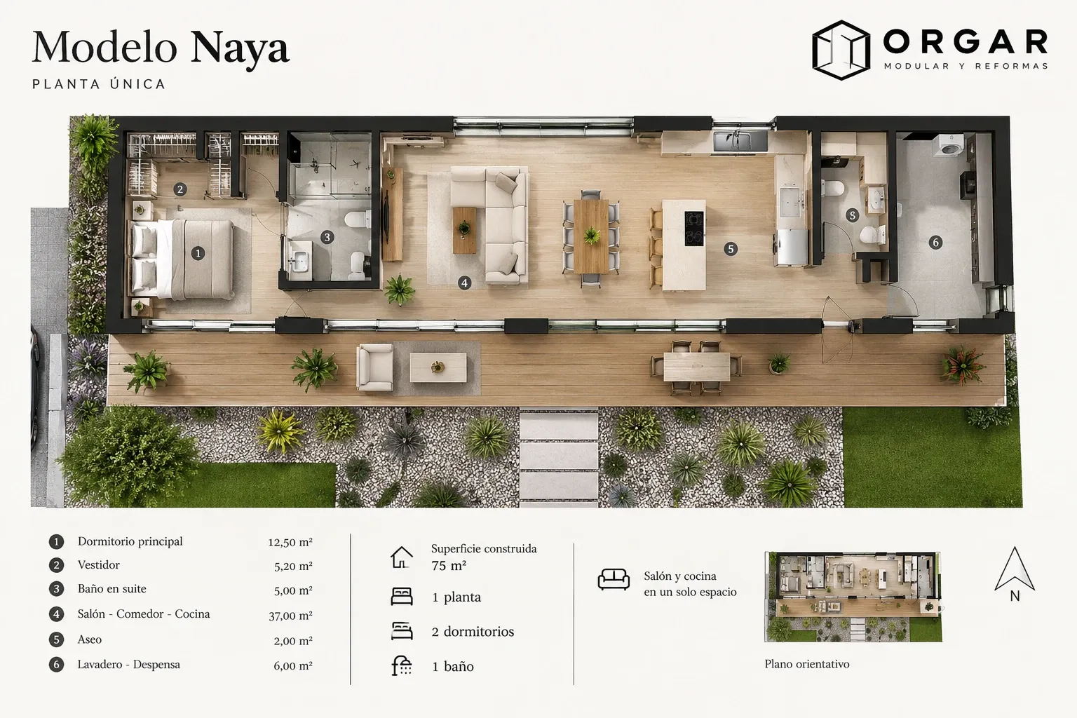 Plano de planta del modelo Naya, de una planta y 75 m²