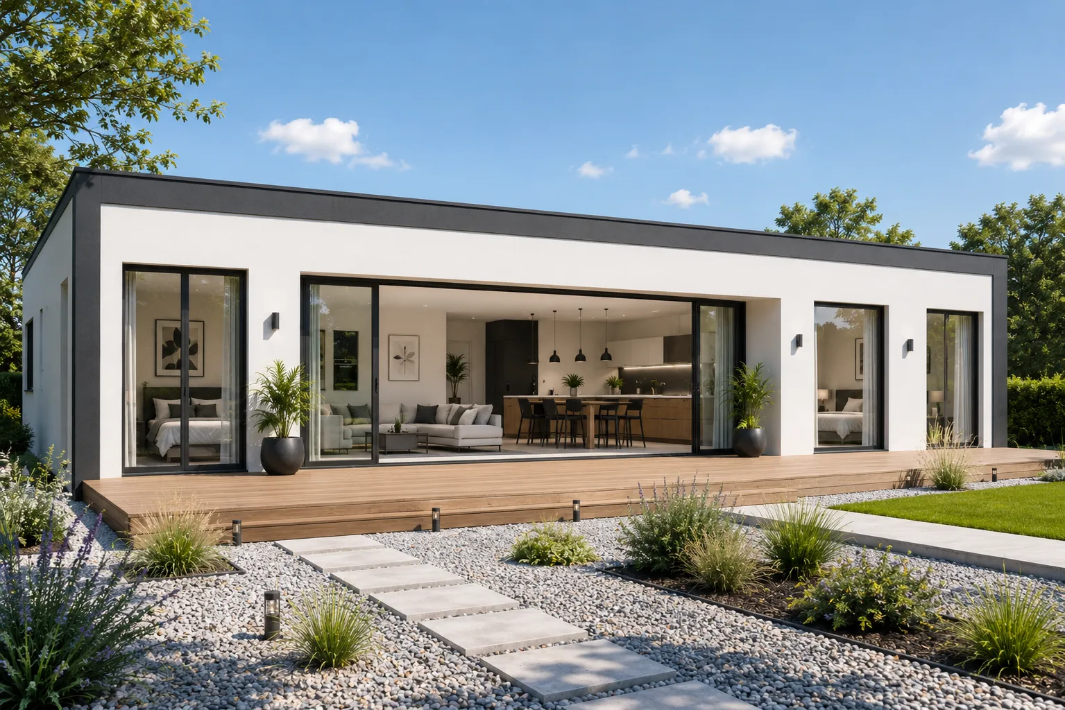 Recreación de la casa modular Naya, de una planta, con porche de madera