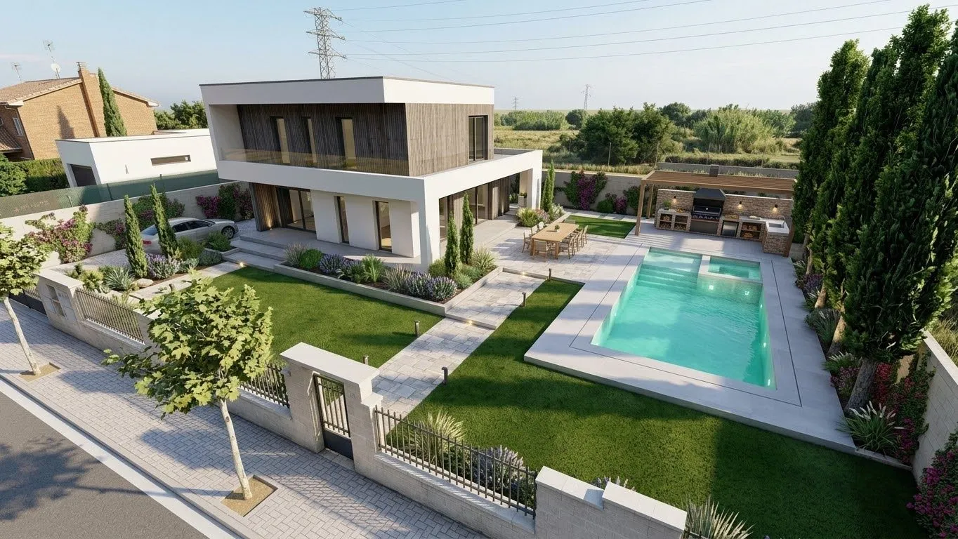 Recreación de la casa de dos plantas en su parcela, con jardín, piscina y zona de barbacoa