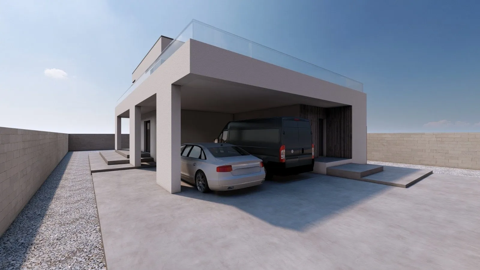 Recreación del porche cubierto y la entrada de la casa, con zona de aparcamiento