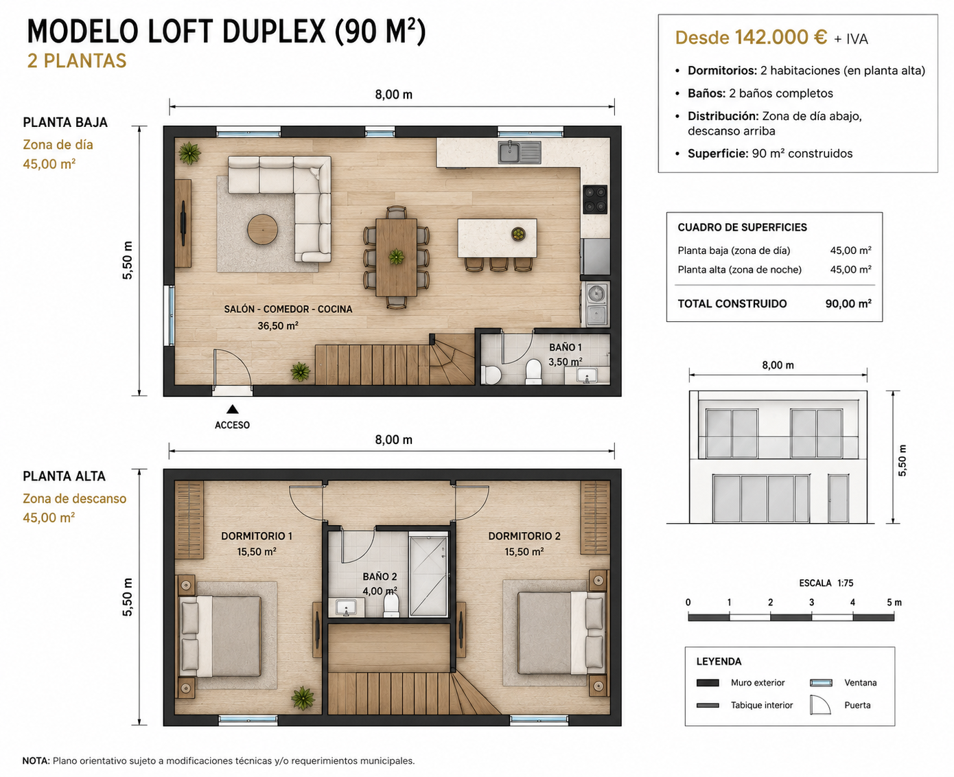 Plano de Distribución Modelo Loft Duplex 90m2