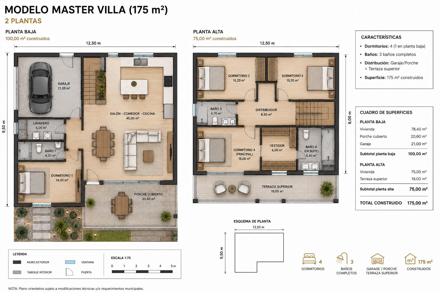Plano de Distribución Modelo Master Villa 175m2
